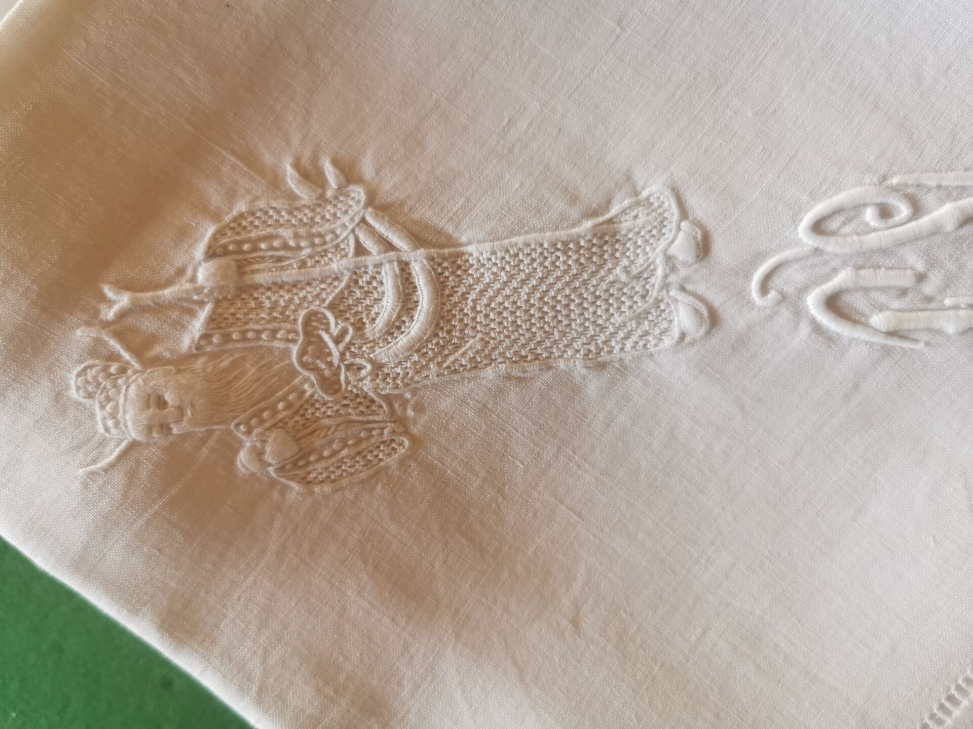 12 old damask linen napkins with a monogram
