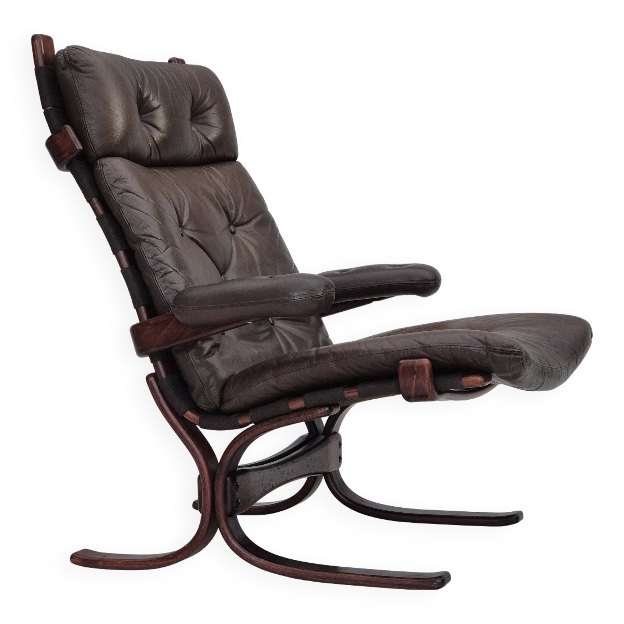 1970s, Scandinavian armchair, original condition, furniture leather, bent wood, canvas.