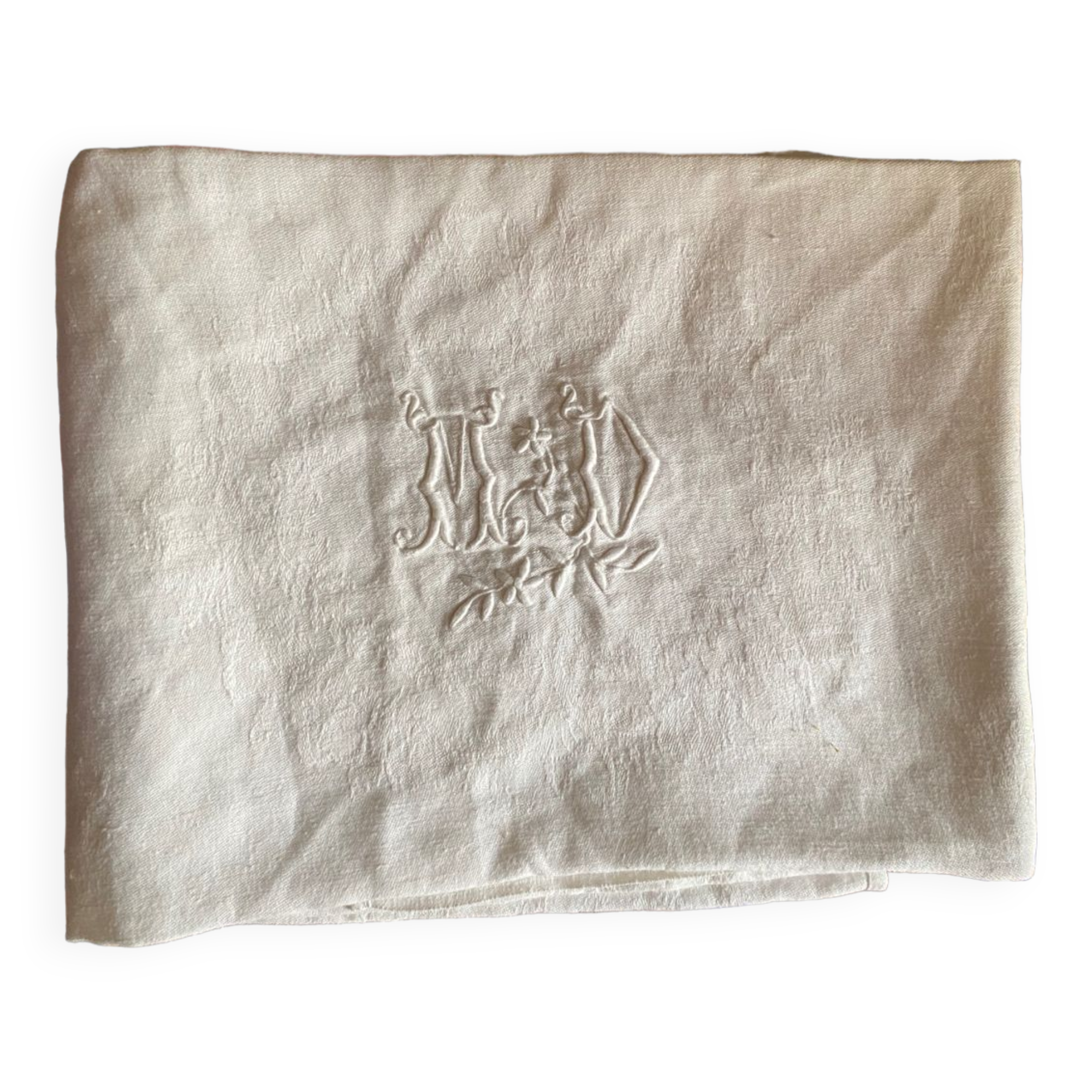 Large white cotton tea towel with damask thread.