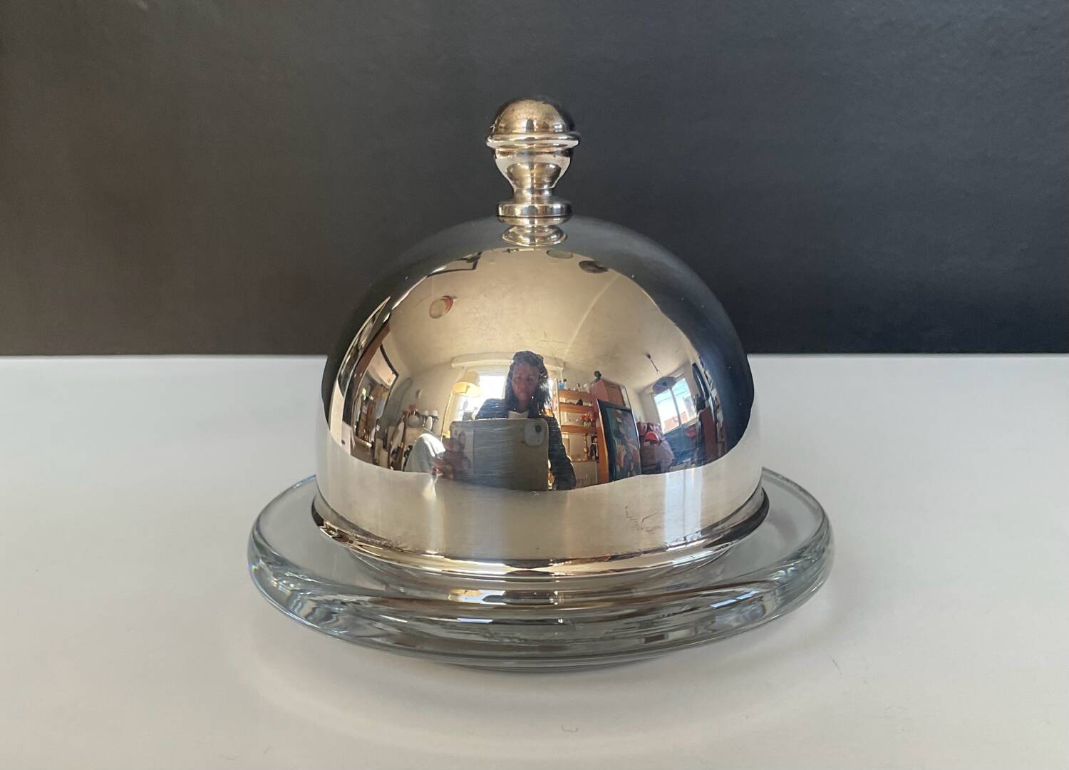 Silver-plated and glass bell-shaped butter dish from the 1970s.