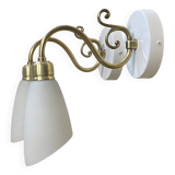 Pair of brass swan neck wall lights with white opaline glass tulip