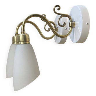 Pair of brass swan neck wall lights with white opaline glass tulip