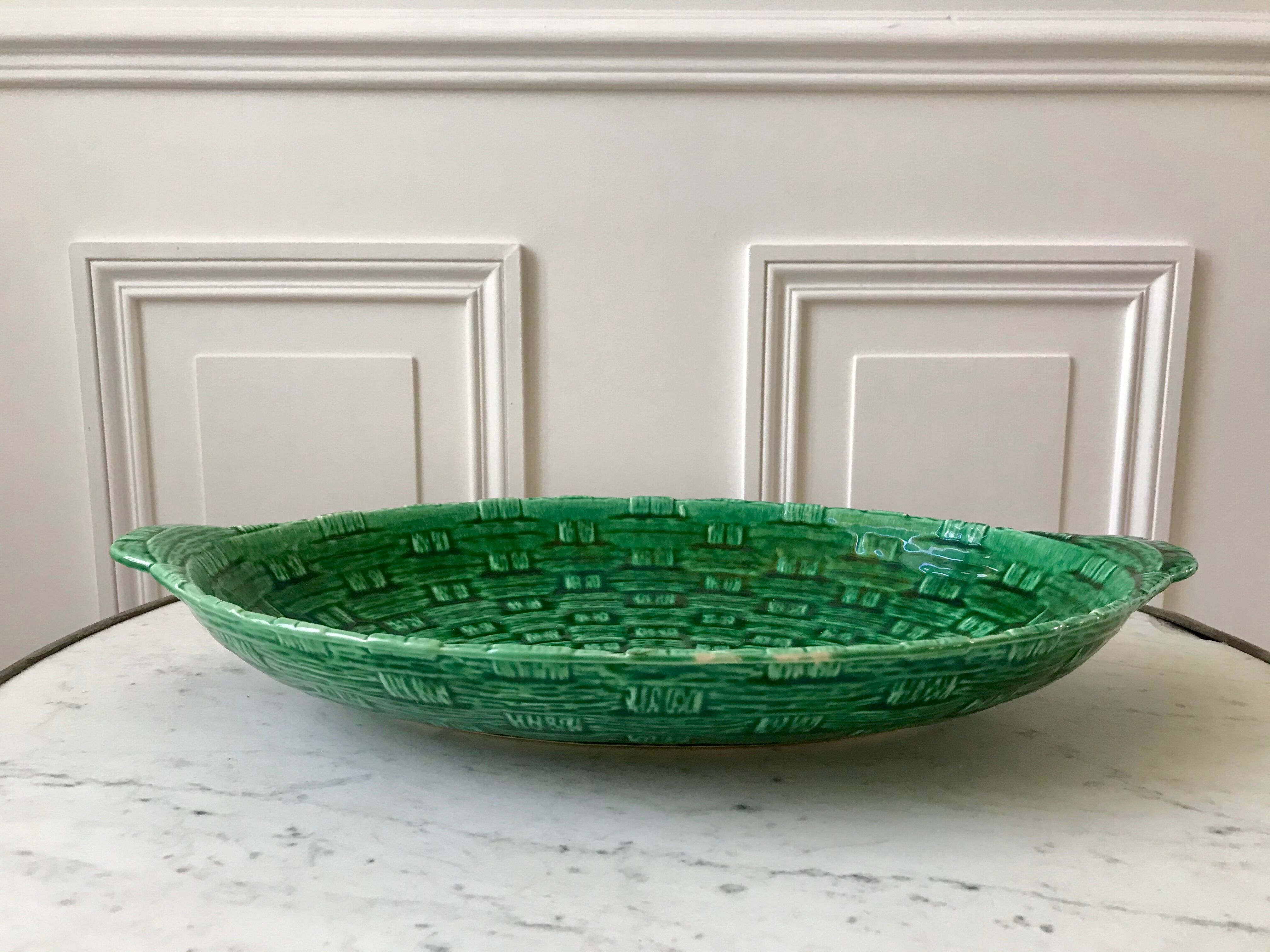 large bowl / dish in green Digoin slip, bamboo style, 50s-60s