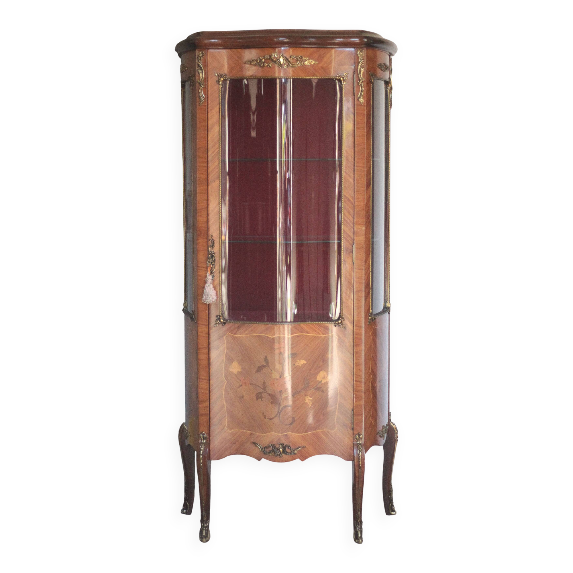 Marquetry display cabinet, curved Louis XV style, signed Marquant