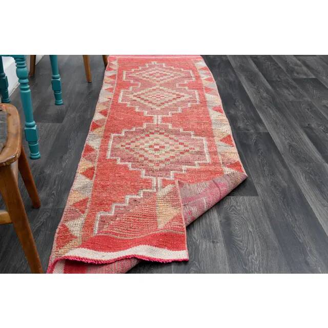 1970s Vintage Turkish Oushak Handmade Wool Cotton Pink Runner Rug 82x300