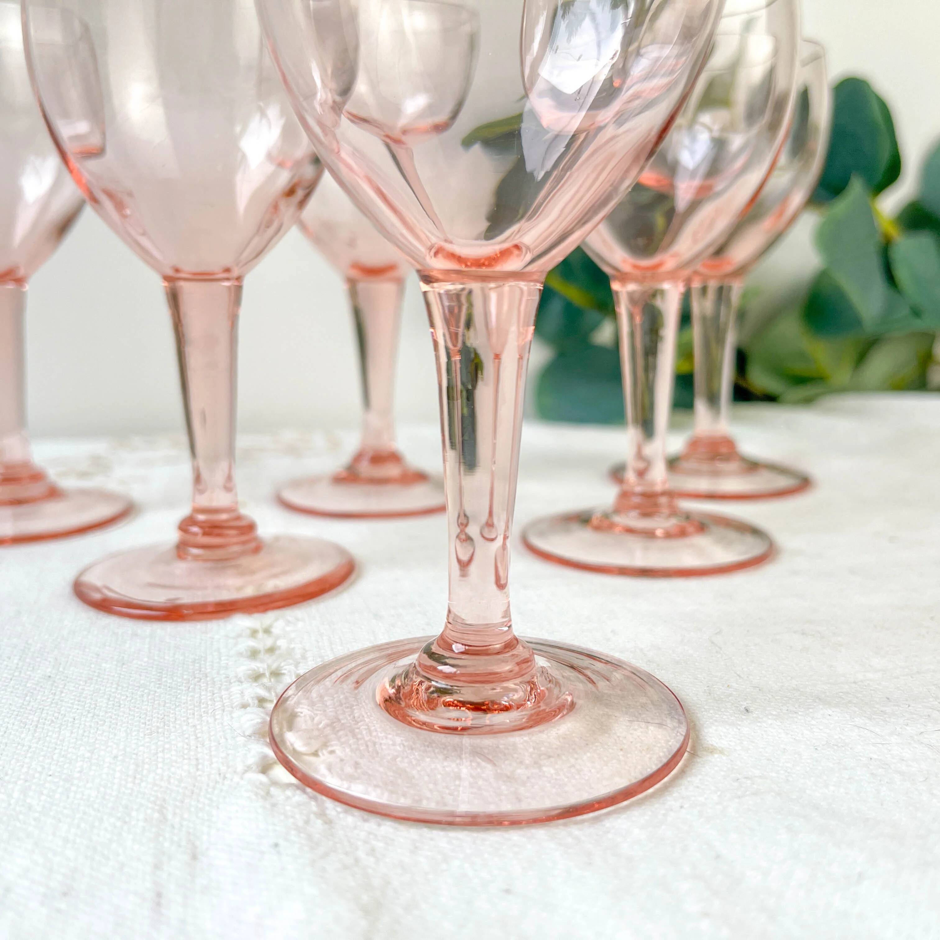 5 vintage faceted pink red wine glasses – 1950s – French elegance