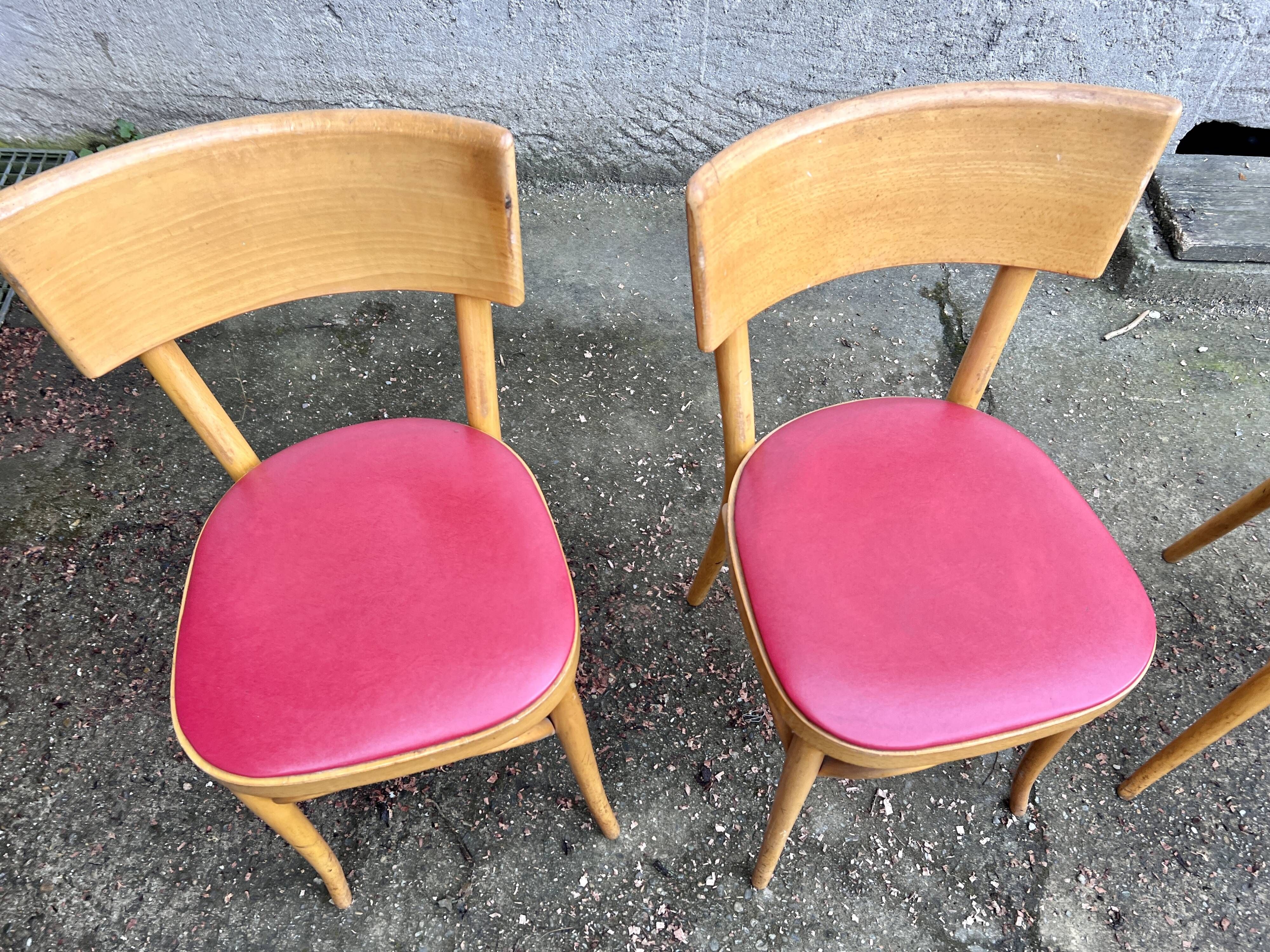Lot of 4 baumann chairs bistrot parisian barter beech wood and red skaï