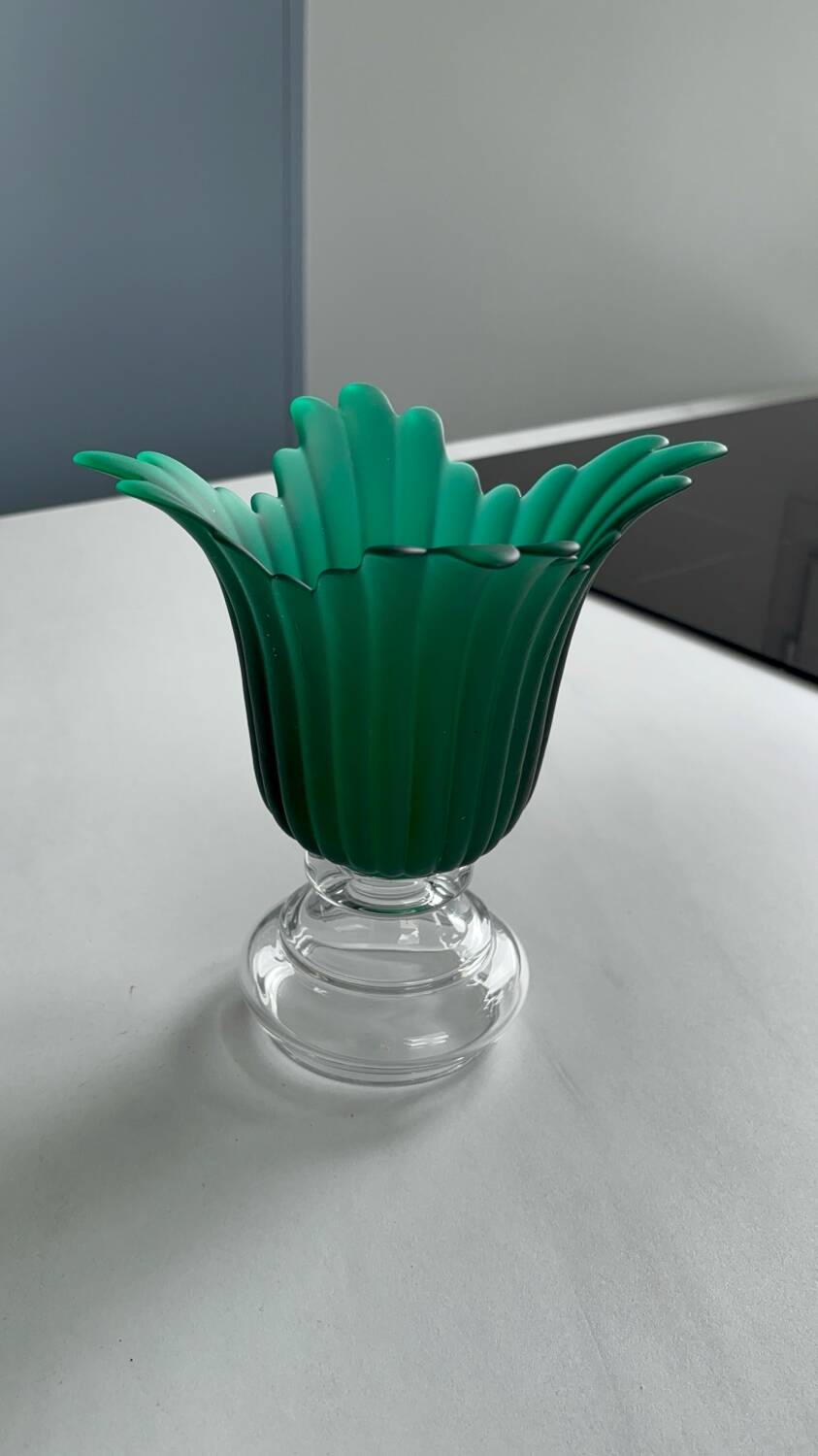 Vintage glass flower candle holder – green and transparent – large lantern