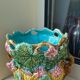 Antique cache-pot in majolica with floral decoration – Turquoise interior