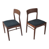 Pair of Henning Kjaernulf teak dining chairs sea blue-green, Denmark 1960s