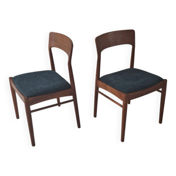 Pair of Henning Kjaernulf teak dining chairs sea blue-green, Denmark 1960s