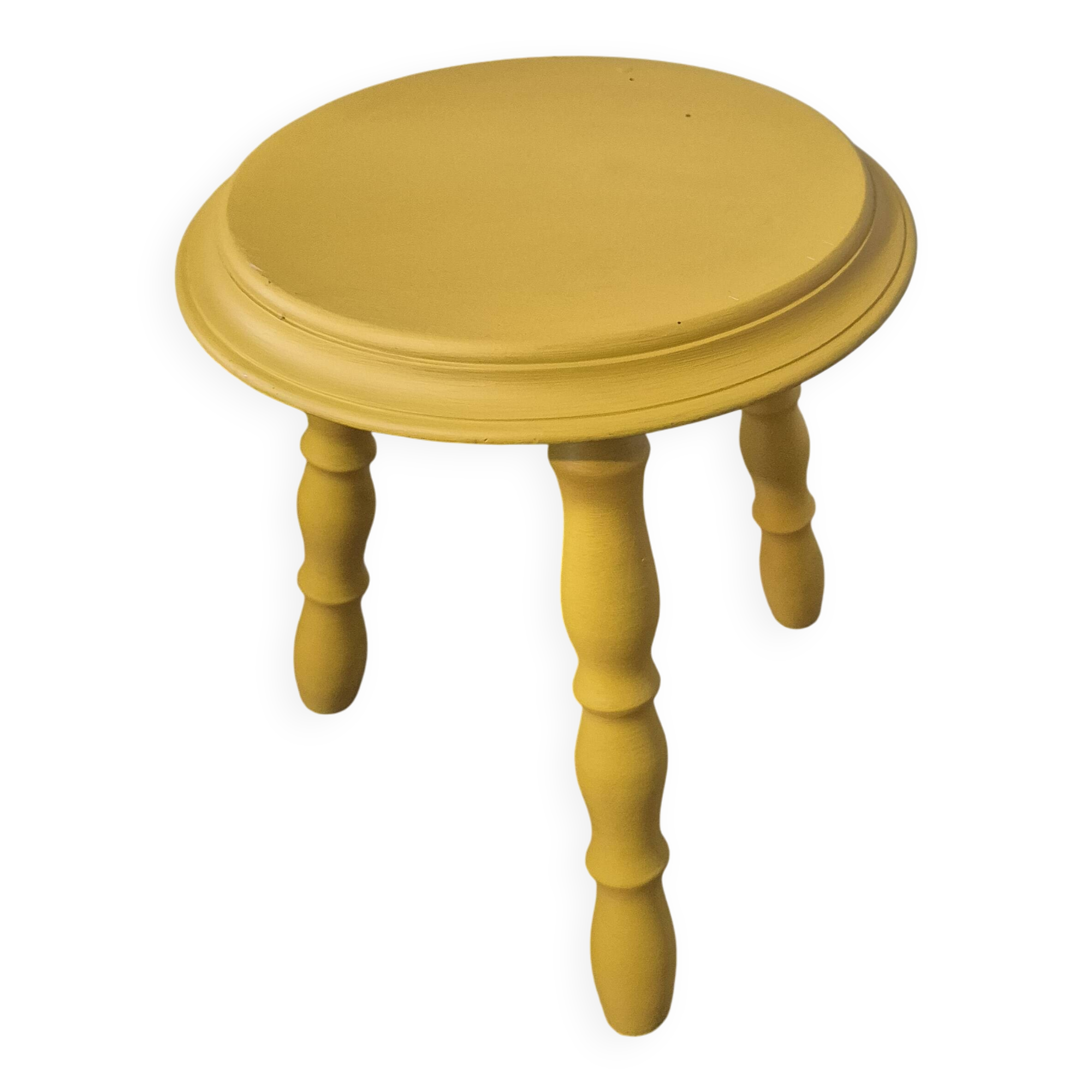 Tabouret tripode vintage en bois tourné jaune
