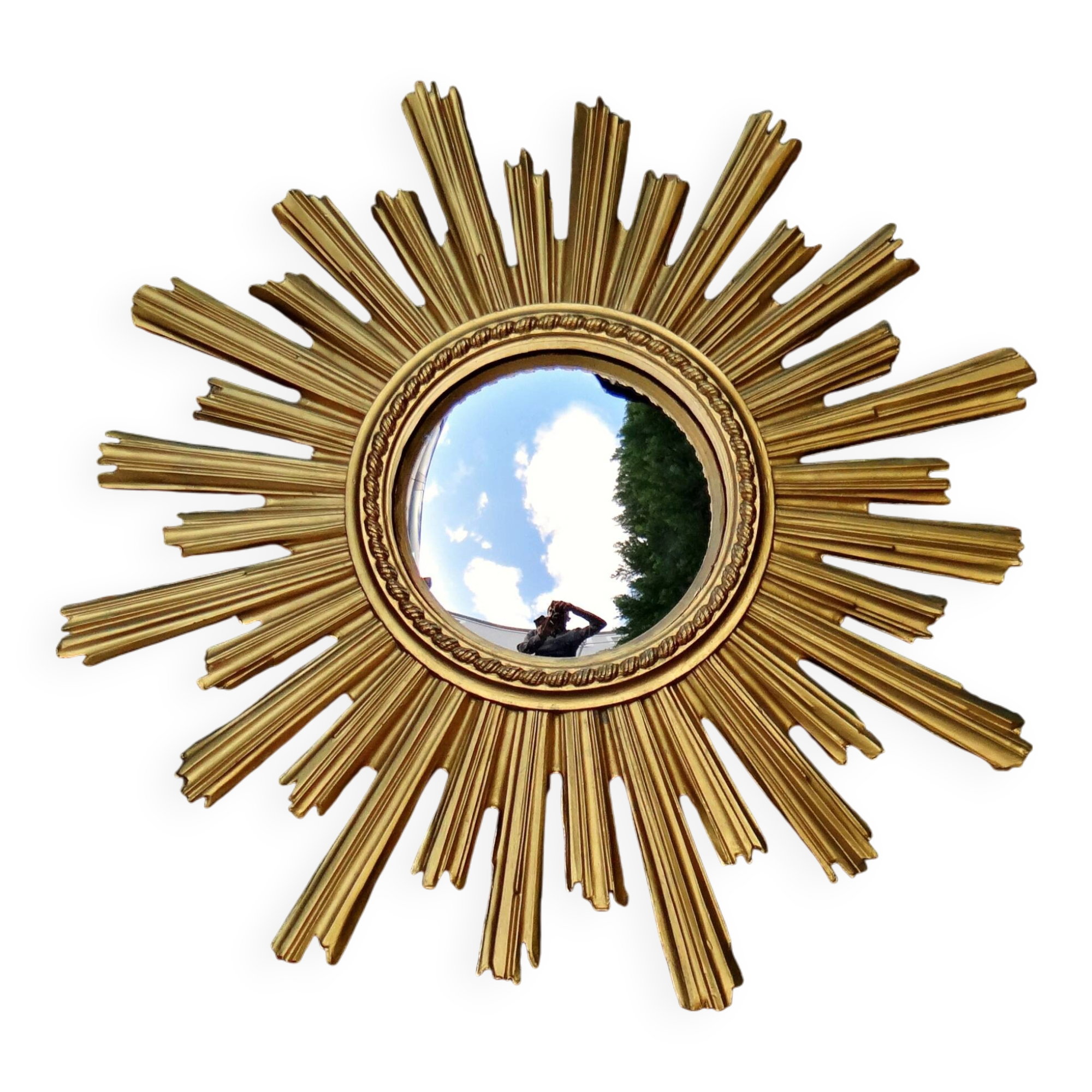 Miroir Soleil Sunburst œil de sorcière en résine doré style mid-century