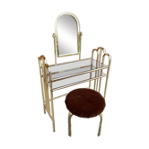 Hairdresser and vintage stool in gilded brass and mirror — brown seat, straw yellow accents.
