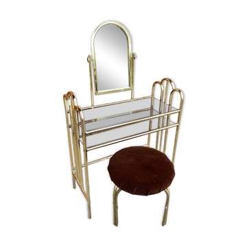 Coiffeuse et tabouret vintage en laiton doré et miroir — assise marron, touches jaune paille