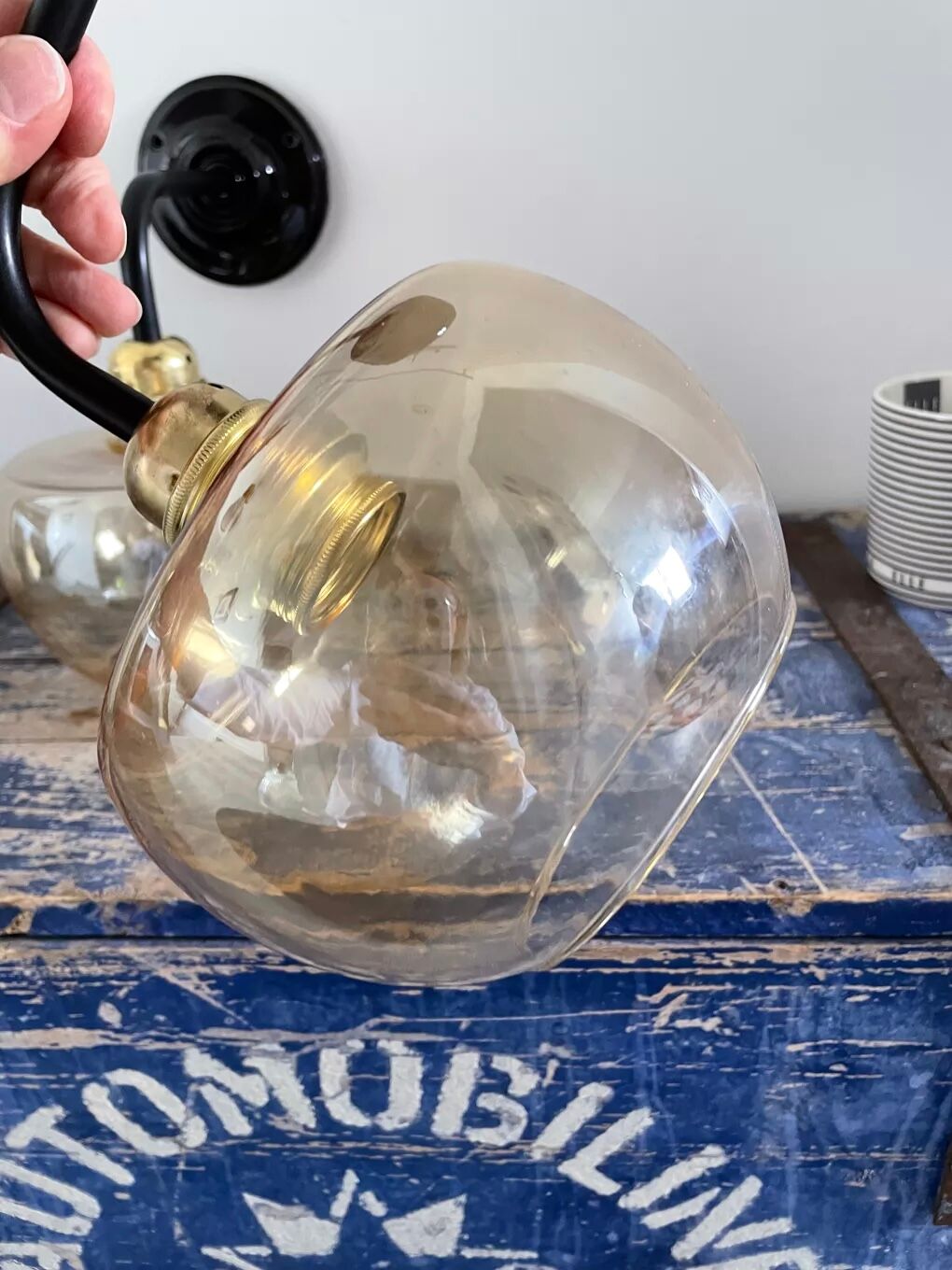 Pair of vintage amber glass wall lights