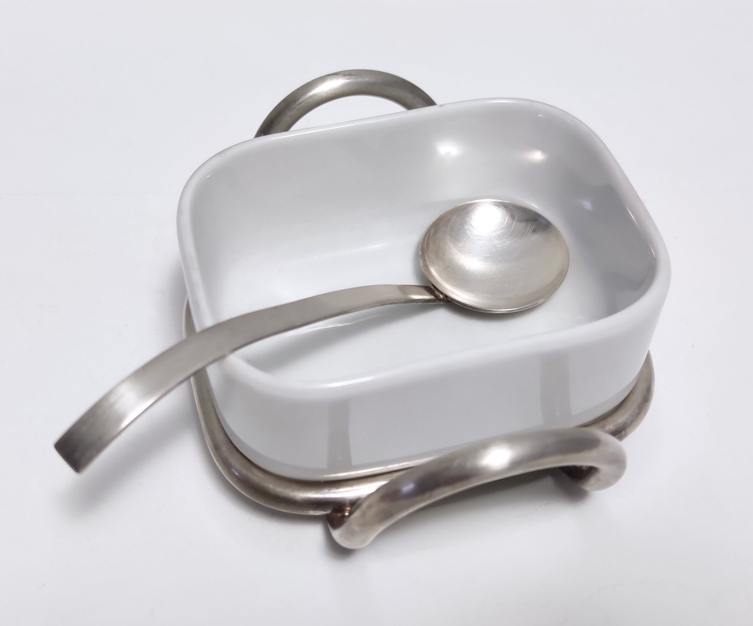 Postmodern Lino Sabattini Silver-Plated and Ceramic Cheese Bowl with Spoon