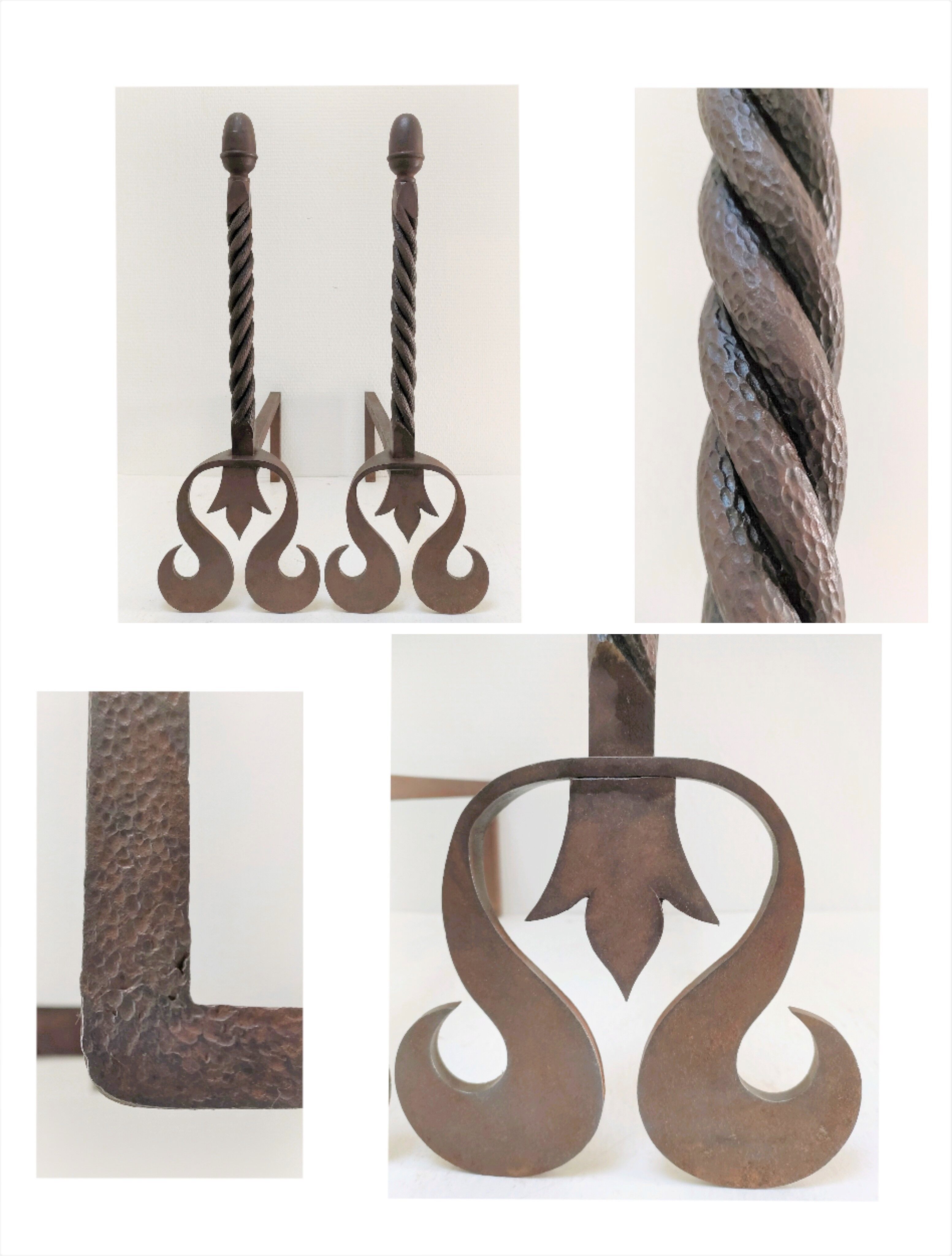 Pair of sculptural cast iron chenets with twisted heads