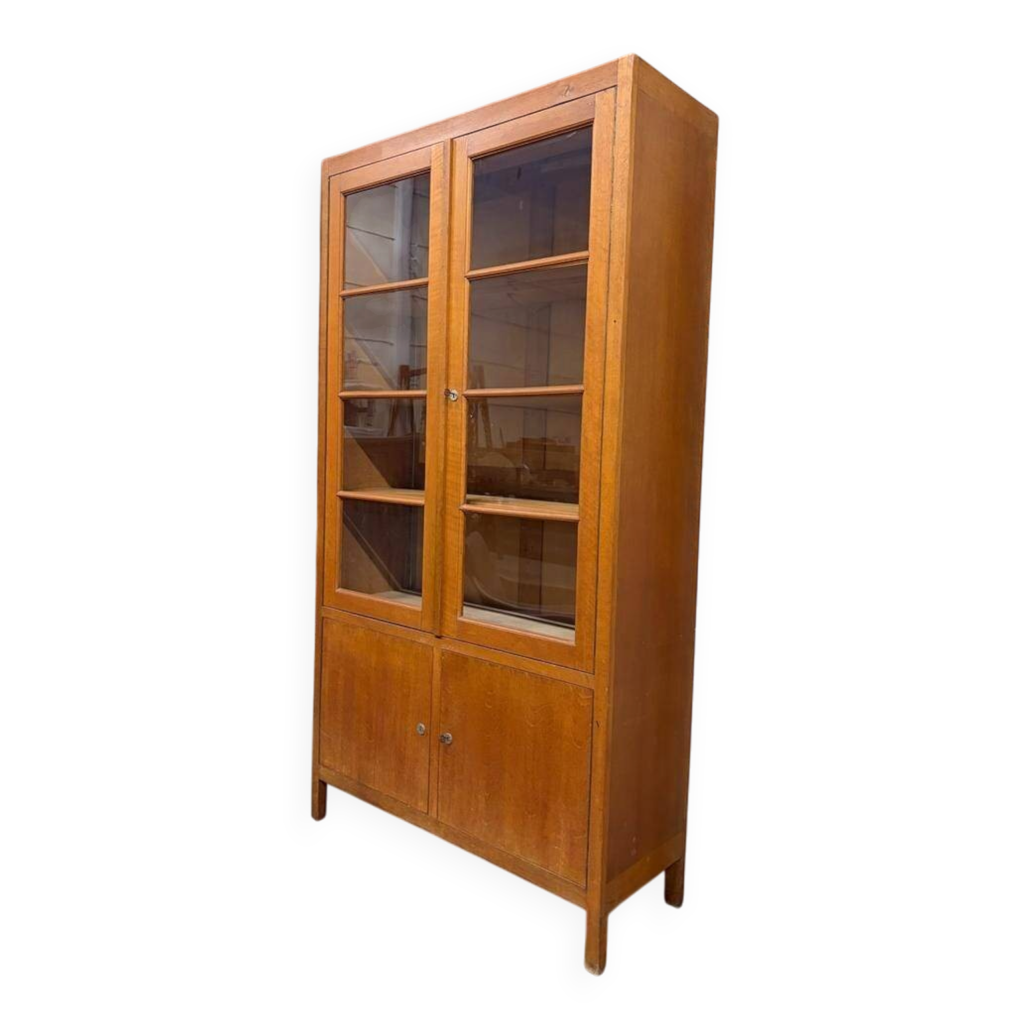 XL vintage display cabinet high in wood / cupboard / laboratory cupboard