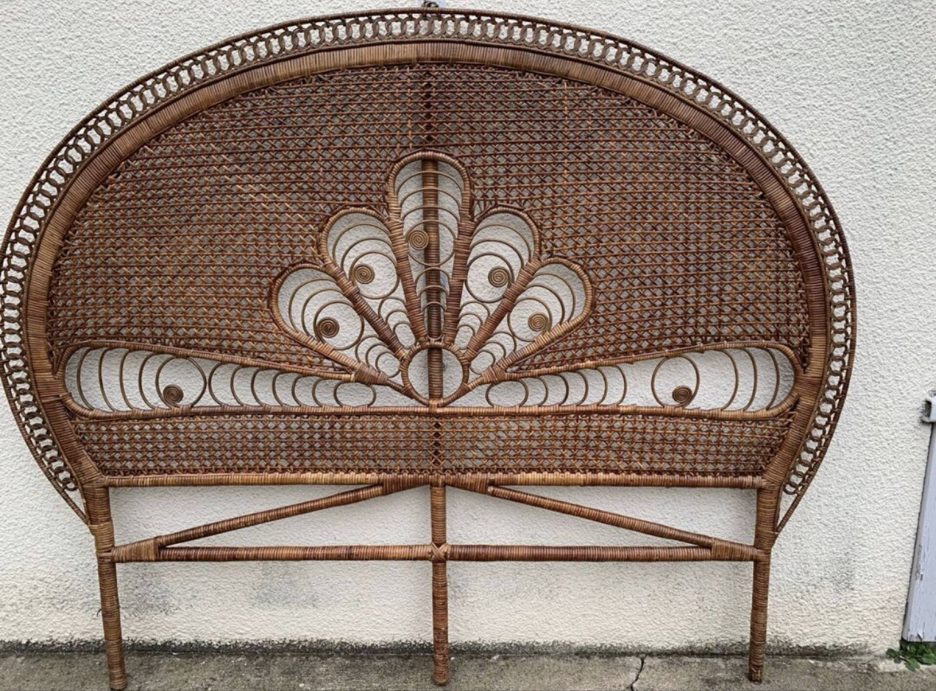 Large vintage headboard in woven rattan fan / Peacock 180cm