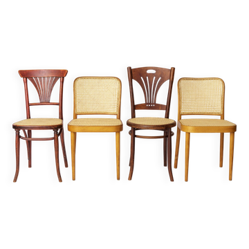 Set of 4 Restored Viennese Café Chairs – Early 20th Century, Hand-Caned Sea