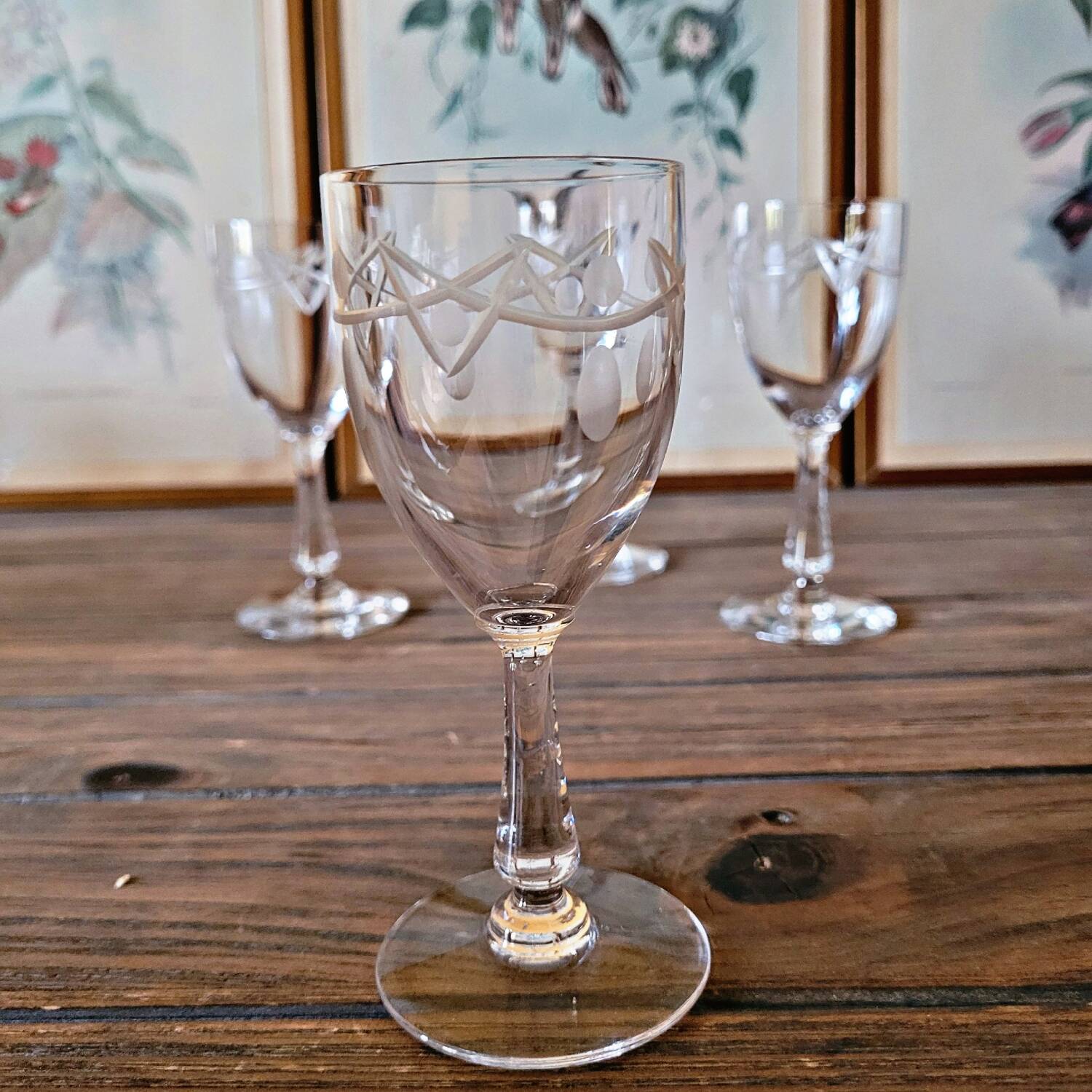 Antique liqueur (digestif) glasses in engraved crystal, geometric decoration