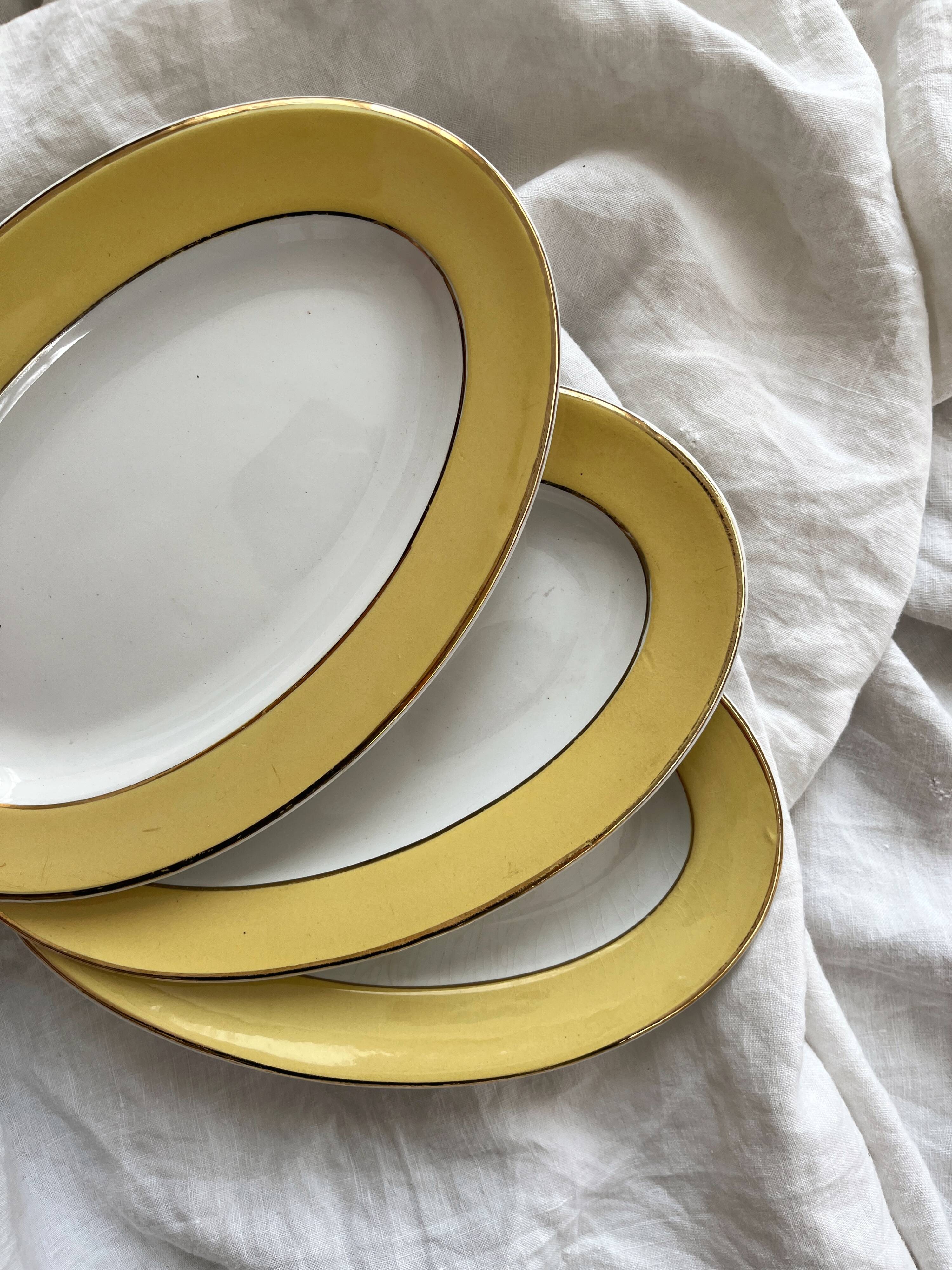 3 vintage yellow earthenware dishes with gold trim L'amandinoise