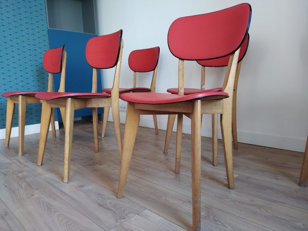 6 red and wood skai chairs
