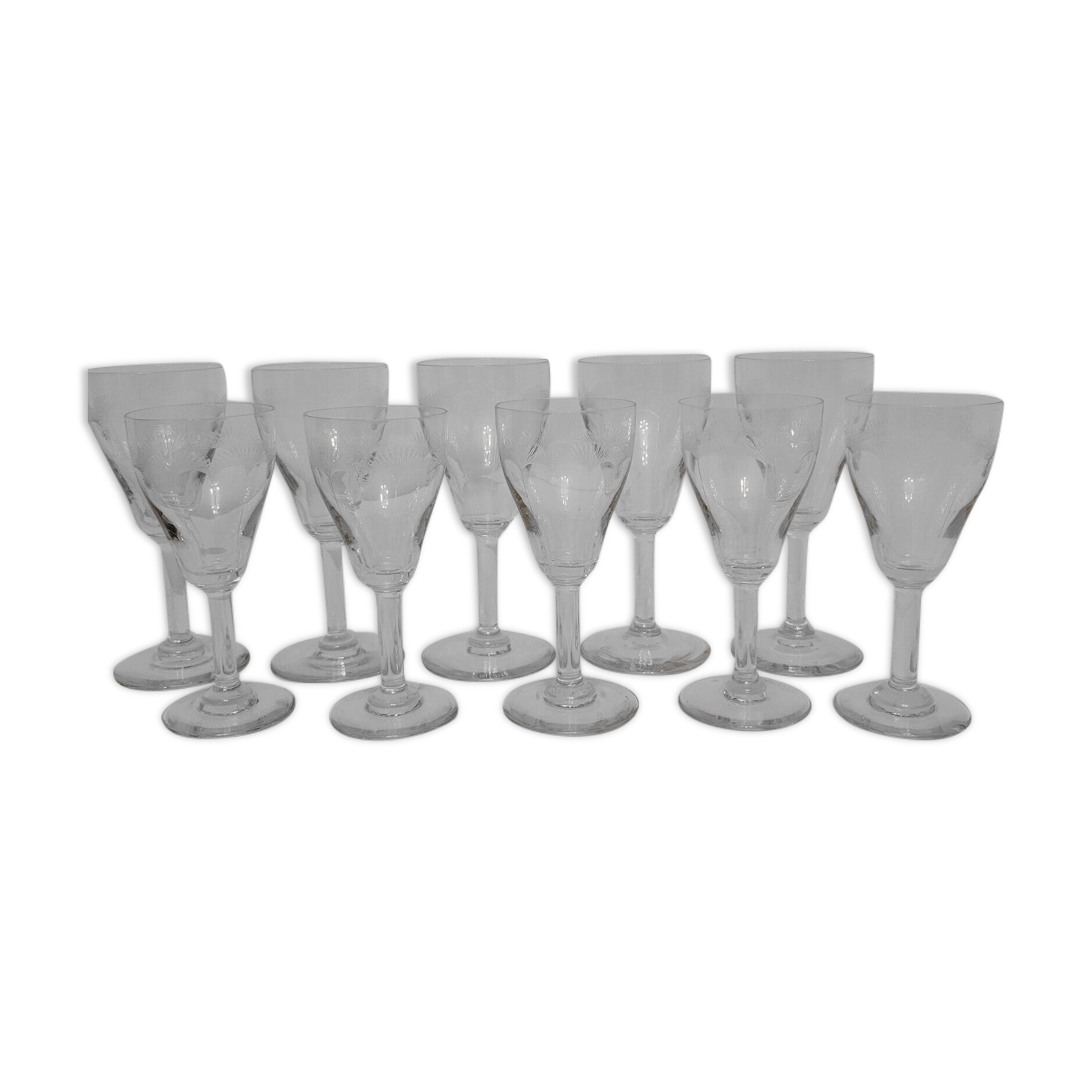 10 old cut glass glasses engraved palm decoration 1930