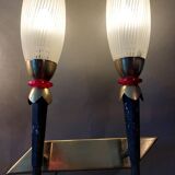 Large pair of 2-light torchiere wall lights 1950/60 in black metal and gilded brass.