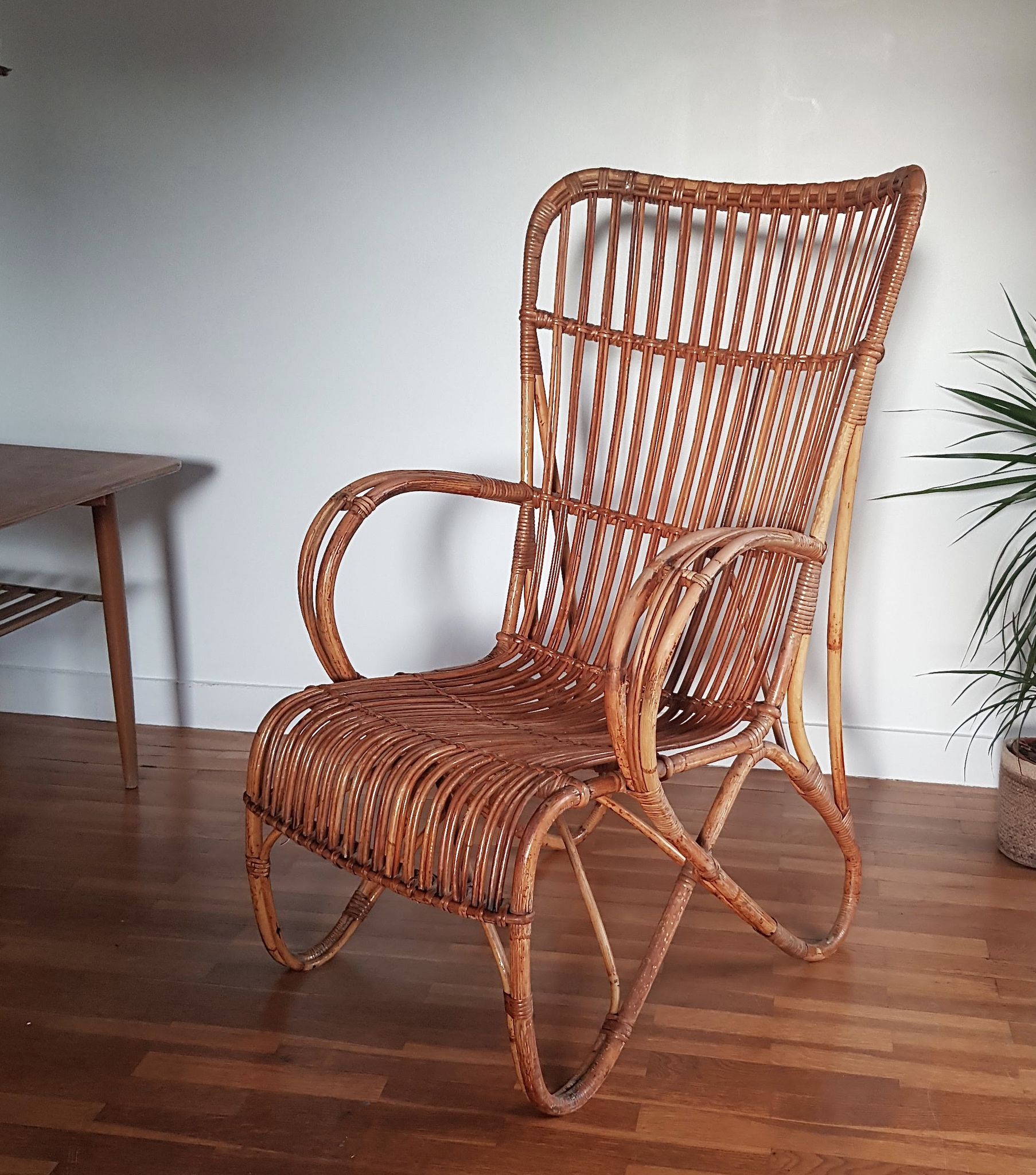 Large vintage rattan and bamboo armchair for Rohe Noordwolde 1950
