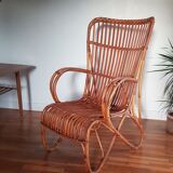 Large vintage rattan and bamboo armchair for Rohe Noordwolde 1950