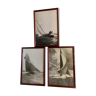 Trois photographies en noir et blanc thème voilier bateau avec cadre acajou