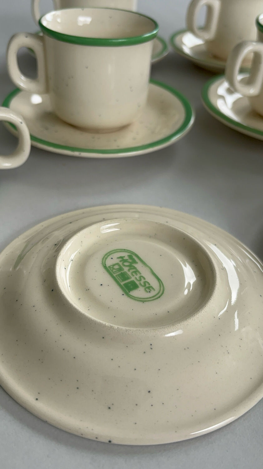 Set of 6 vintage speckled beige and green espresso cups – coffee service