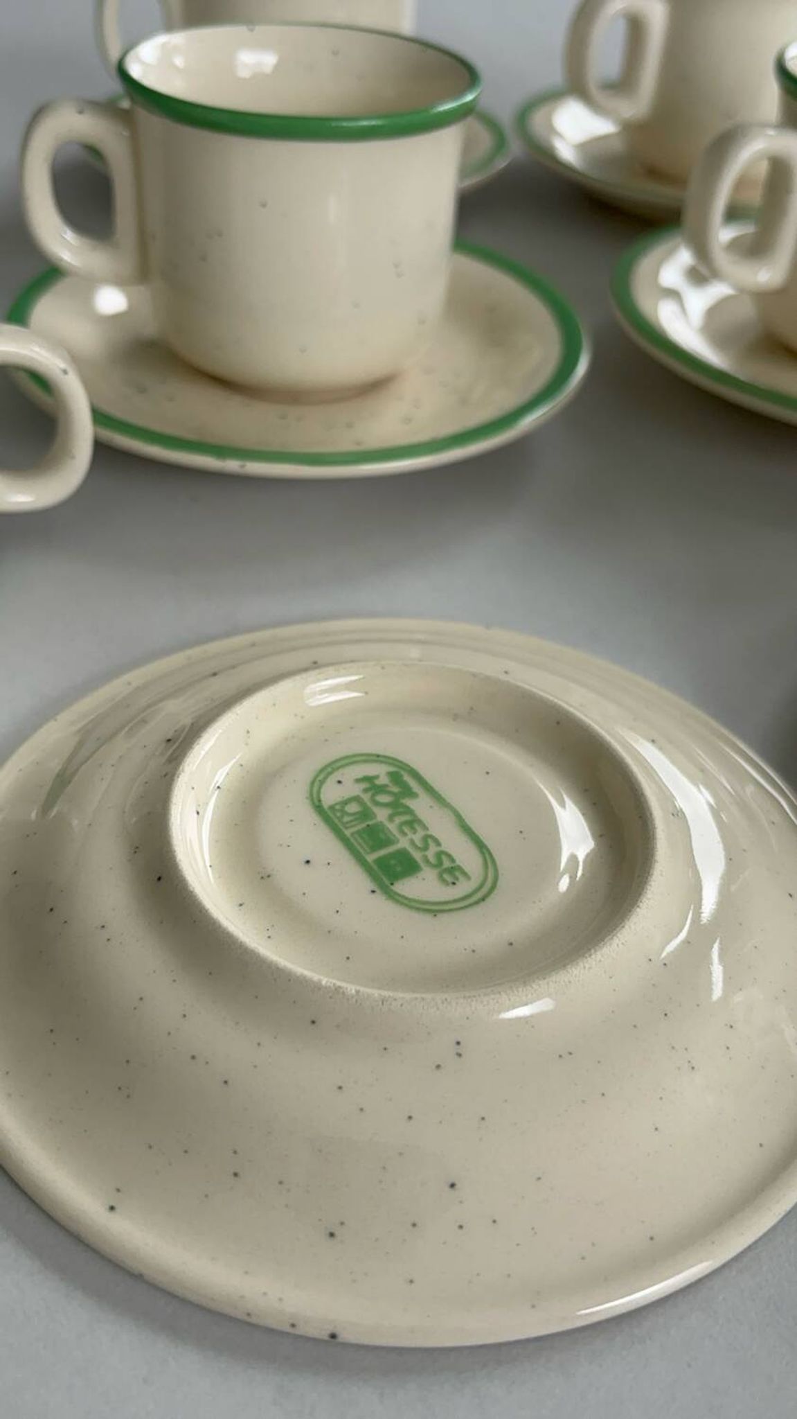 Set of 6 vintage speckled beige and green espresso cups – coffee service