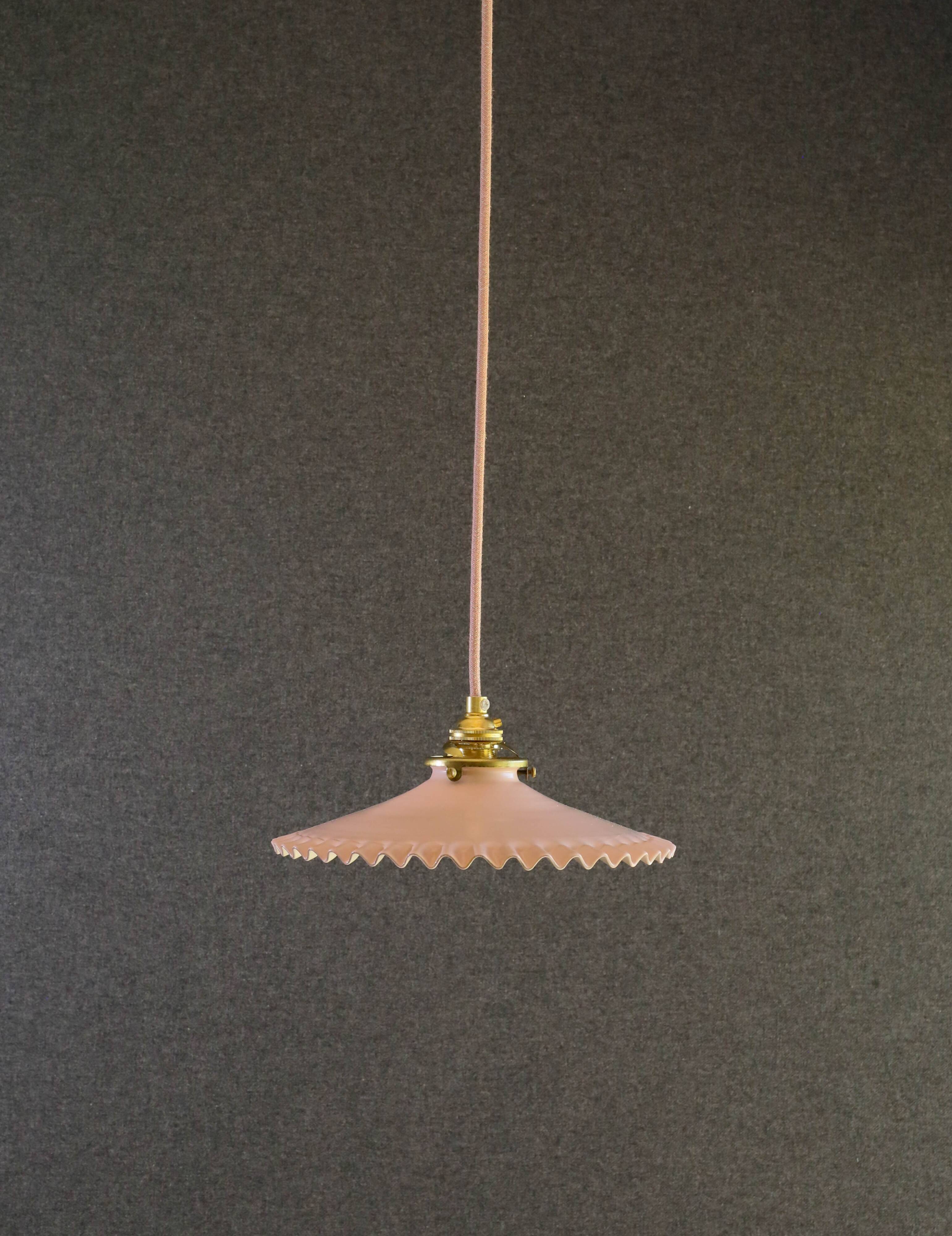 Opaline pendant light in pink and white painted glass, delivered with new cable and socket