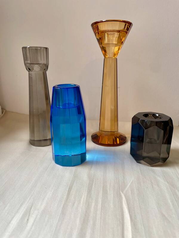 4 designer candle holders in colored glass