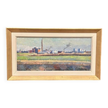 Huile su panneau suédois "Silhouette sur Örebro" par HARRY THOMANDER, encadrée 46x26cm