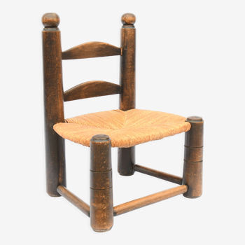 Chaise basse paillée, dite chaise de cheminée style brutaliste