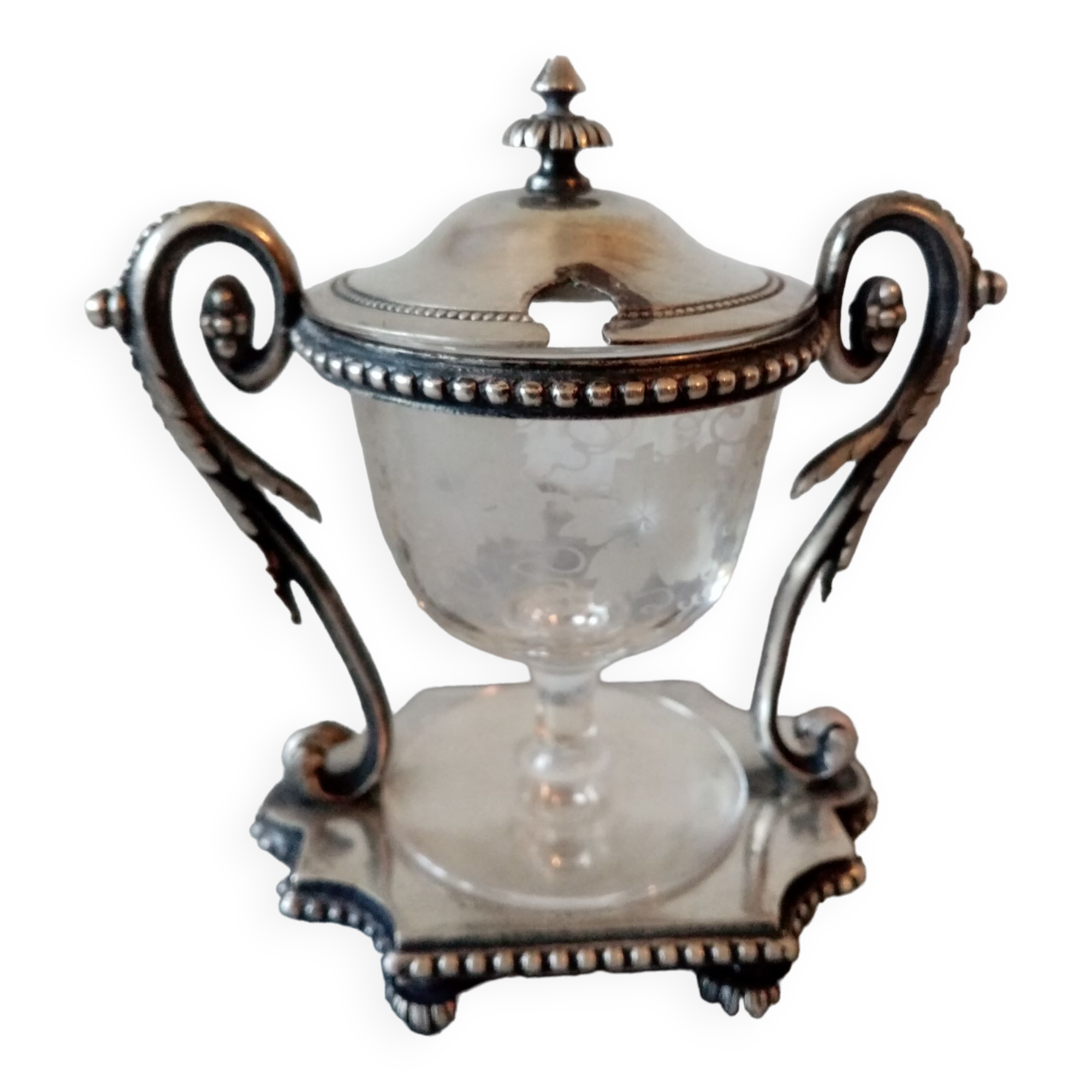 Old mustard maker in silver metal and crystal sign armand frenais