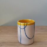 Handmade ceramic coffee cup blue yellow line