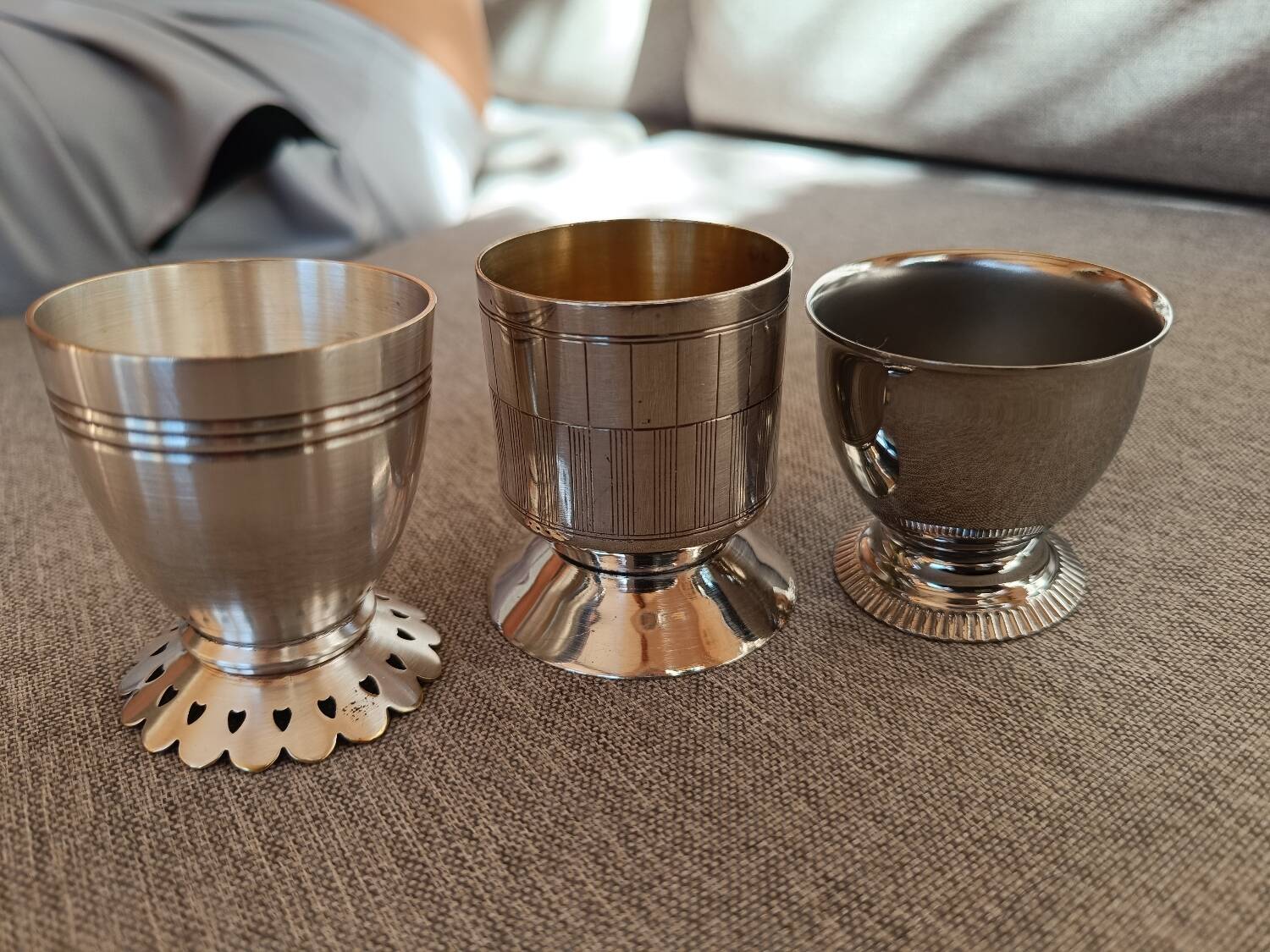 Set of 3 silver metal egg cups