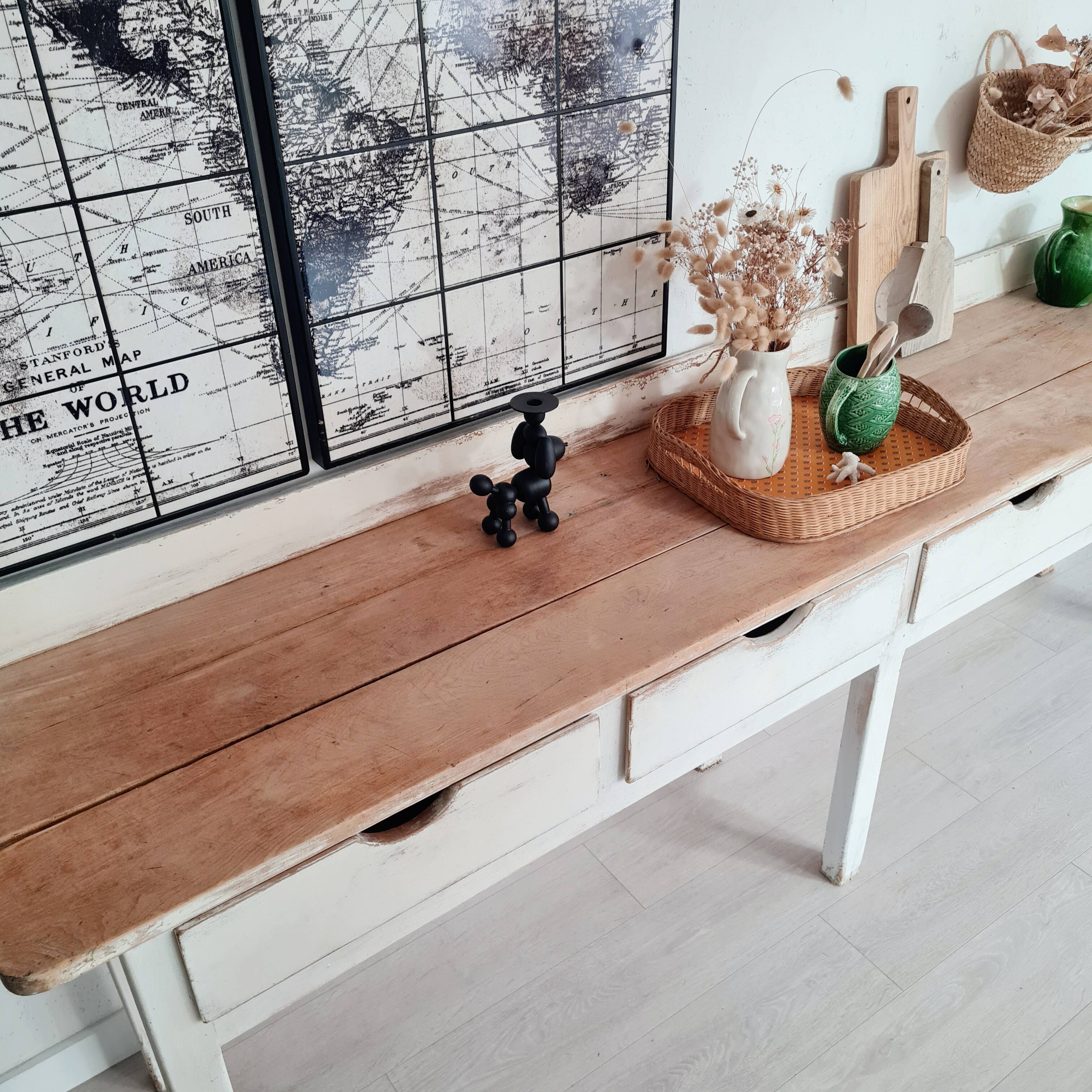 Antique counter, wooden work table.