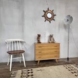 Commode vintage chêne clair pieds compas 1960