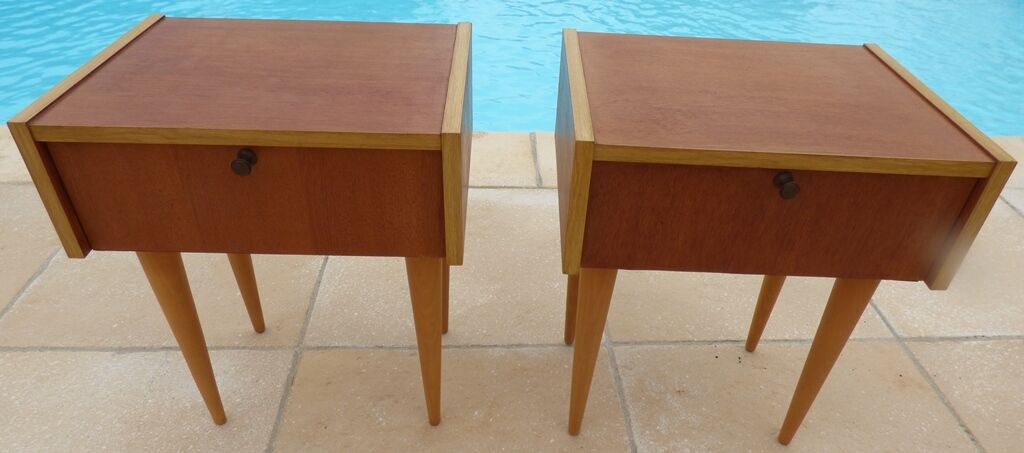 2 vintage scandinavian drawer nightstands with clamshell door