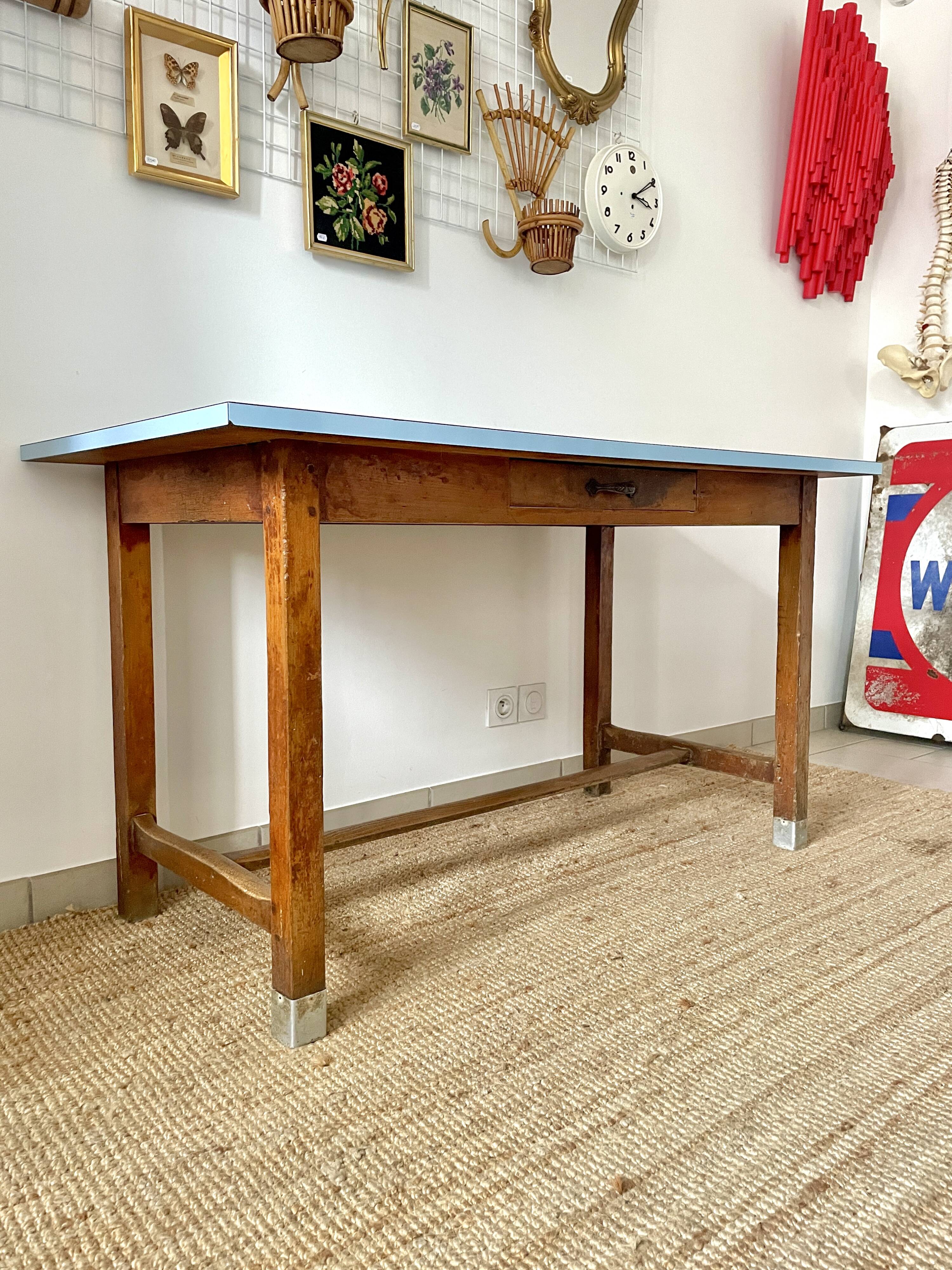 Antique farmhouse table with blue formica top