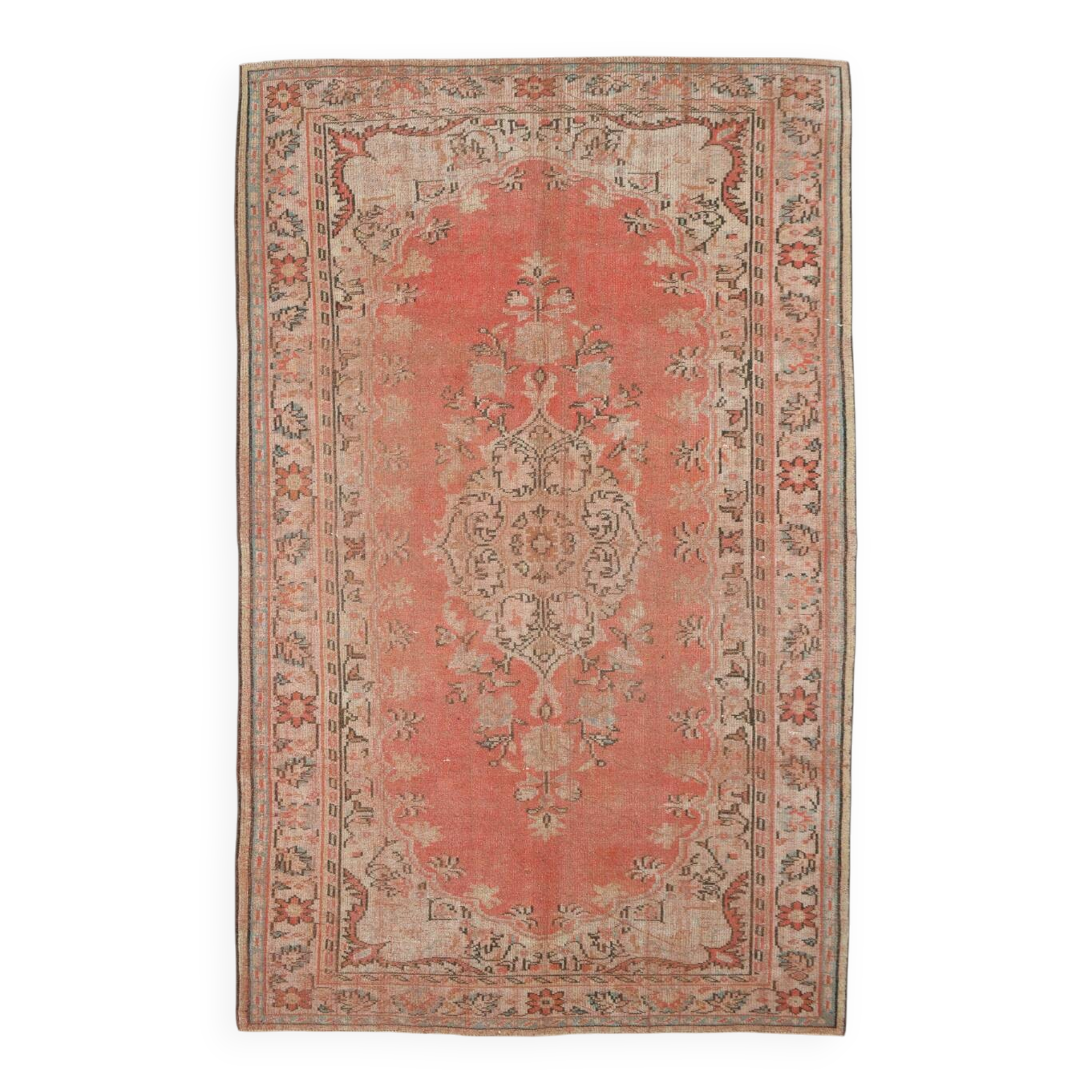 Tapis Anatolien Vintage Fait Main en Laine, Tons Rose Fané, Beige & Bleu