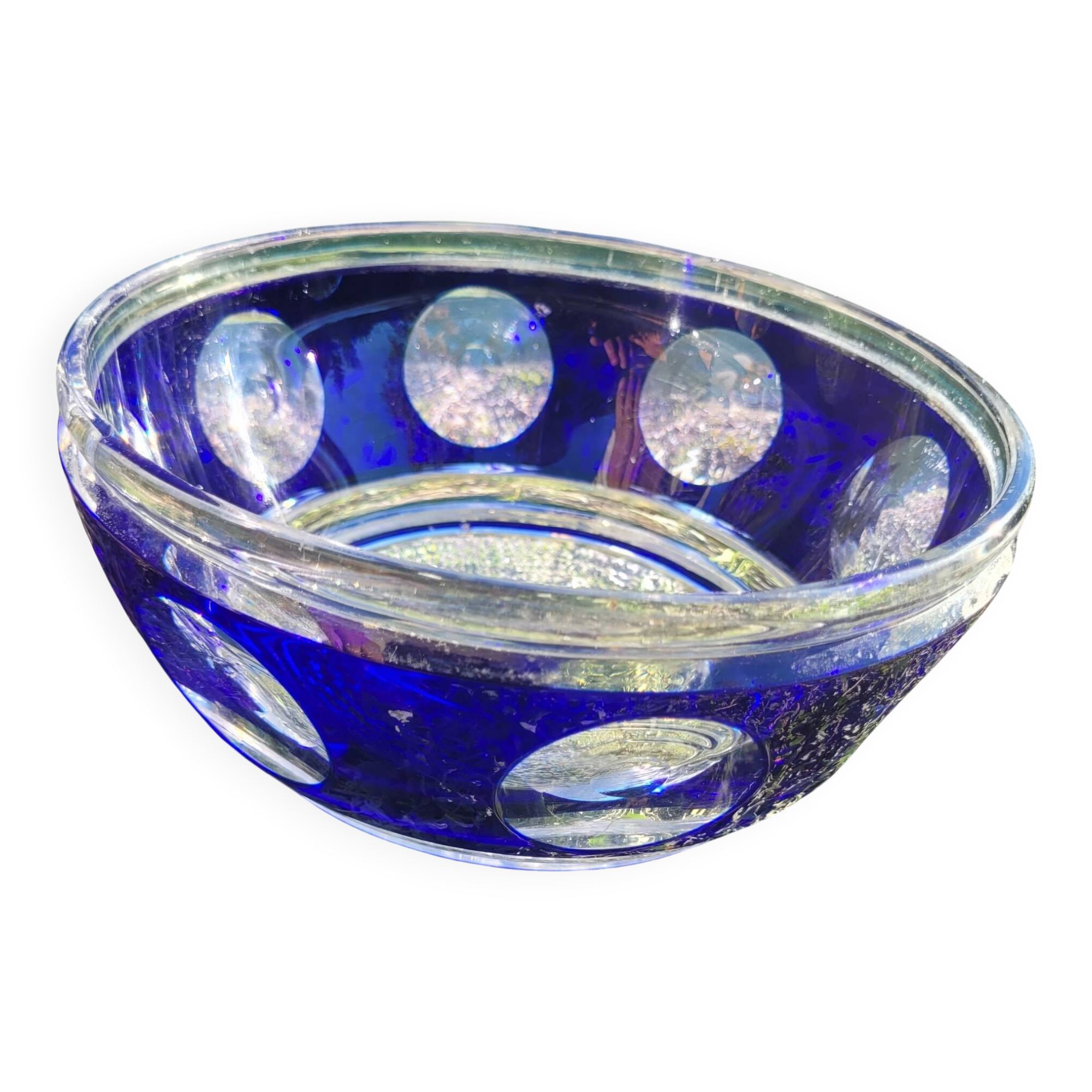 cobalt blue glass bowl with round lenses