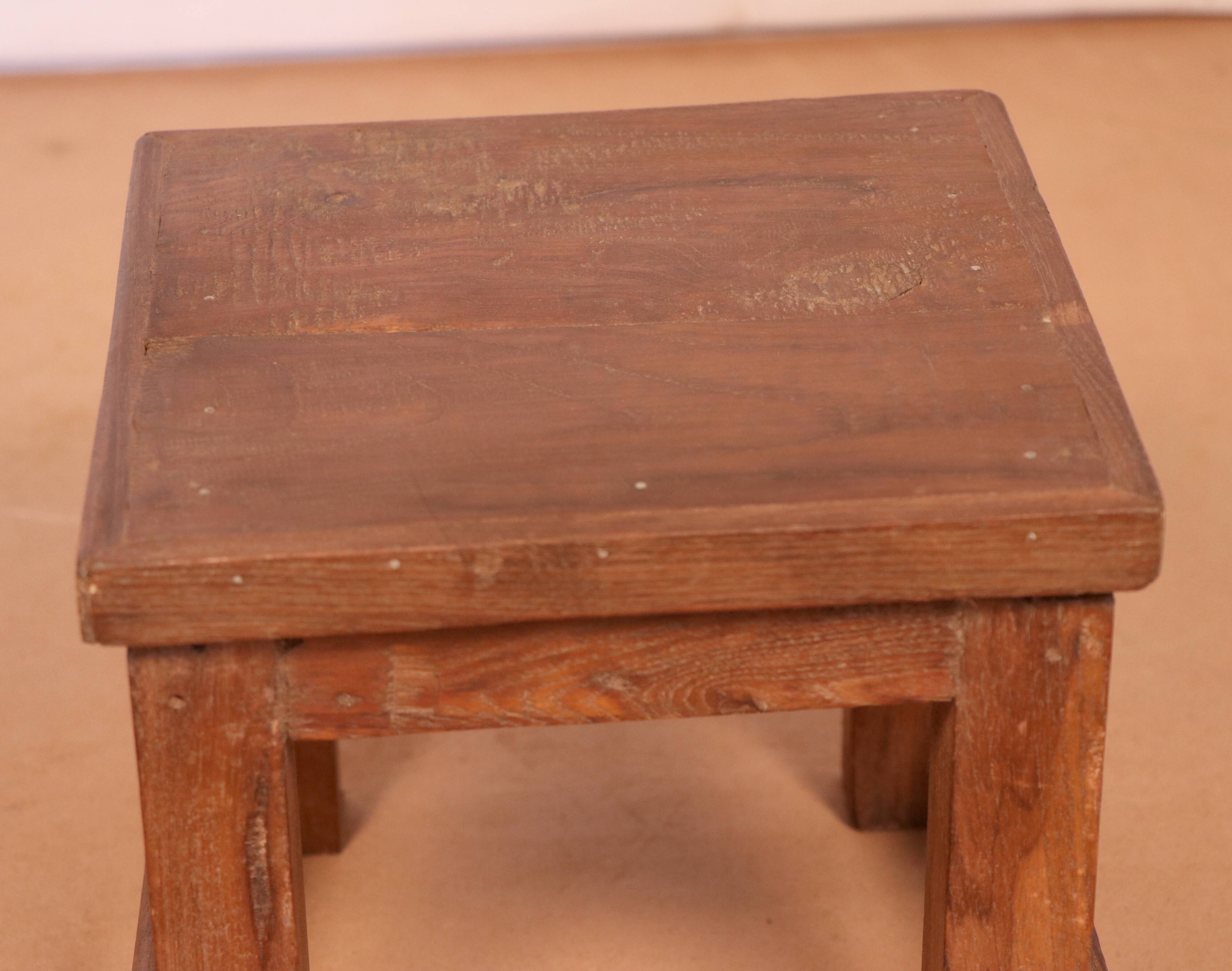 Old workshop bedside table in original blue patina Burmese teak