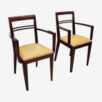 Pair of bridge 1930 chairs, beige leather seat